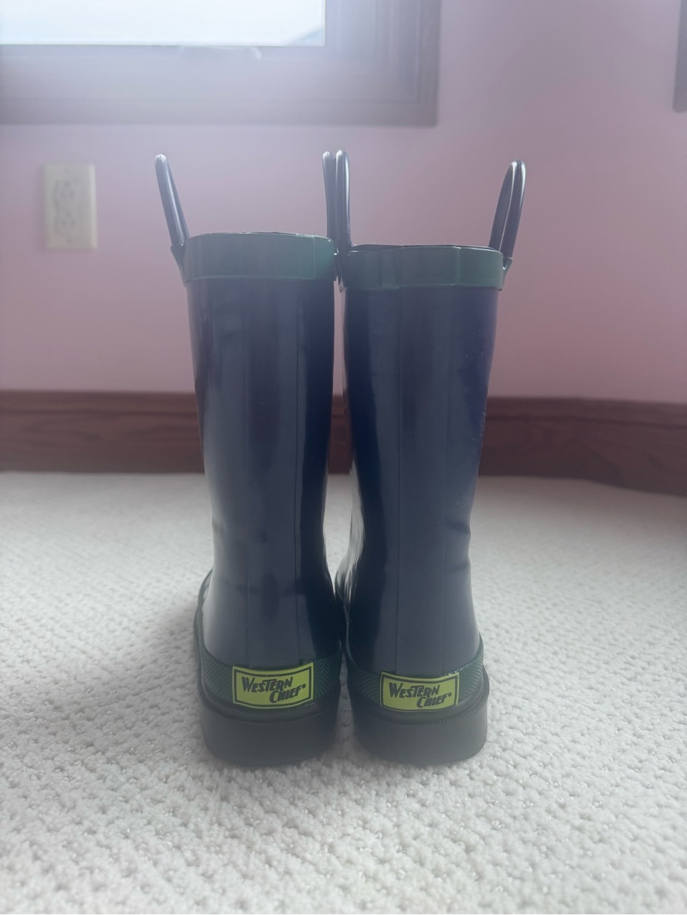 Western Chief- Kids Navy Rain Boots with Green Trim - Easy Pull-On - Picture 2 of 4